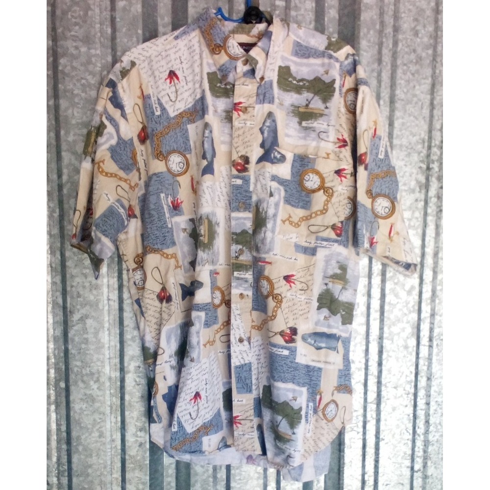 Roundtree & Yorke Shirt Mens L Fishing 100% Cotton All Over Print